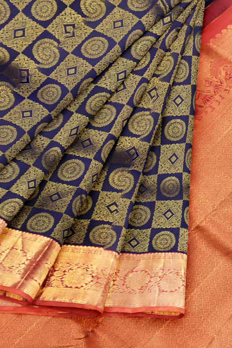 Blue Kanchipuram Bridal Pure Silk Full Checks Pattern Body Flower Border Orange Contrast Pallu Saree