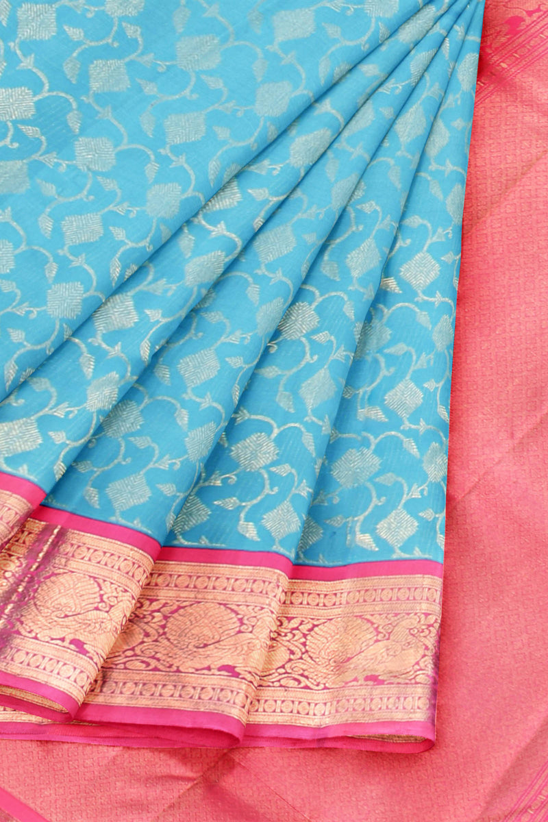 Blue Kanchipuram Bridal Pure Silk Full Jaal Pattern Body Peacock Border Pink Contrast Pallu Saree