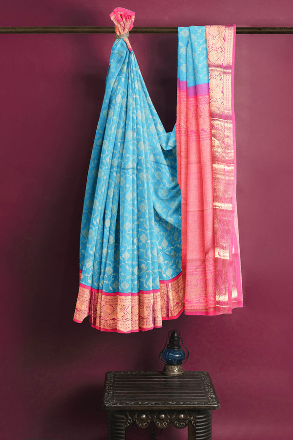 Blue Kanchipuram Bridal Pure Silk Full Jaal Pattern Body Peacock Border Pink Contrast Pallu Saree