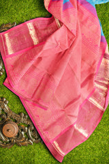 Blue Kanchipuram Bridal Pure Silk Full Jaal Pattern Body Peacock Border Pink Contrast Pallu Saree