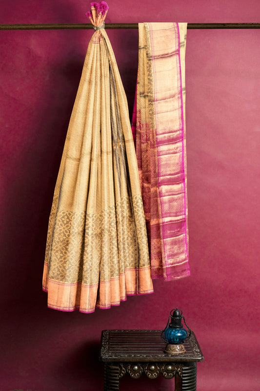 Gold Tissue Kanchipuram Bridal Pure Silk Pink Contrast Pallu Saree