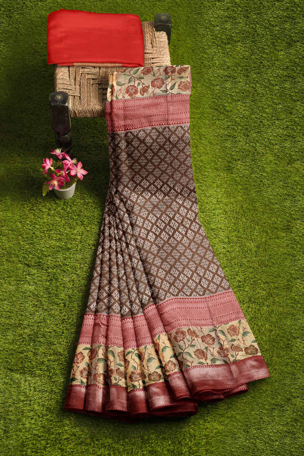 Brown Kanchipuram Bridal Pure Silk Jari Weaving Flower Fancy Border Red Contrast Pallu Saree