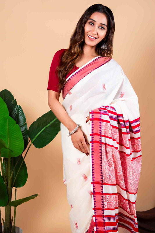 Off White Kerala Cotton Red Butta Rich Pallu Saree NAA109