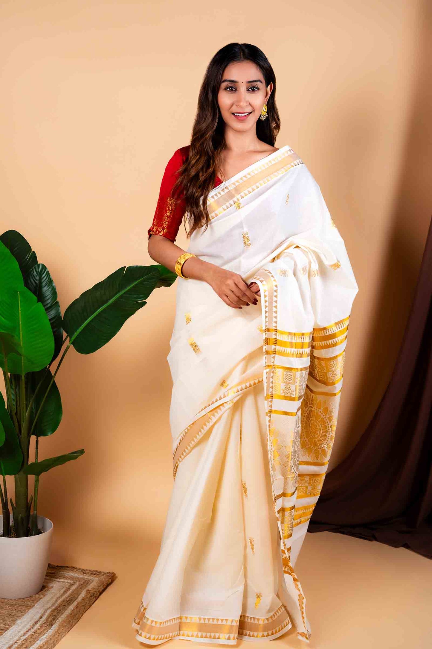Off White With Golden Kerala Cotton Paisely Butta Rich Pallu Saree  NAA110