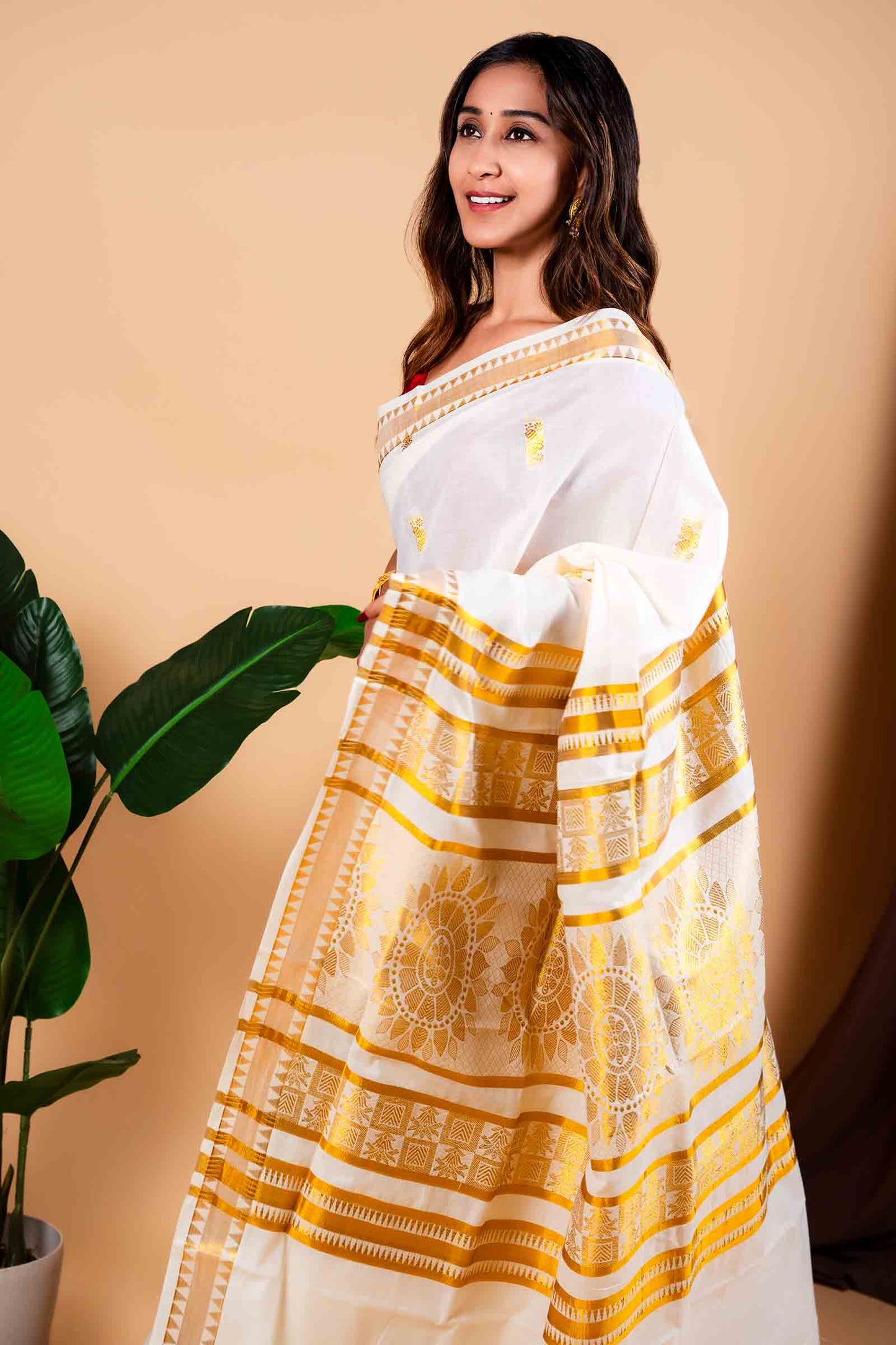 Off White With Golden Kerala Cotton Paisely Butta Rich Pallu Saree  NAA110