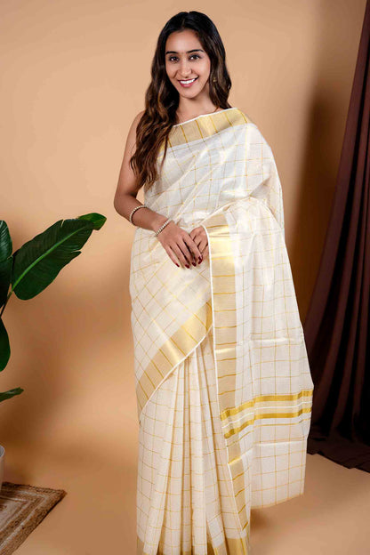 Off White With Golden Kerala Tissue Cotton Mini Checks Square Golden Zari Pallu Saree NAA111
