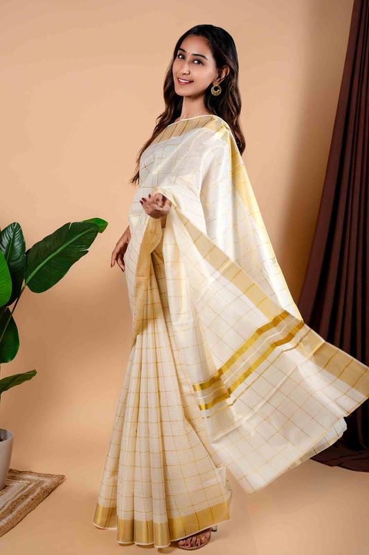 Off White With Golden Kerala Tissue Cotton Mini Checks Square Golden Zari Pallu Saree NAA111