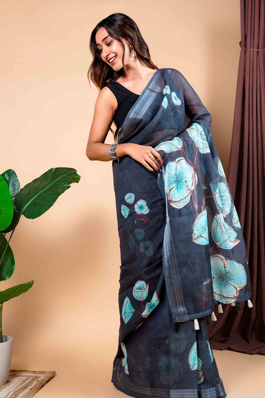 Dark Grey Green Semi Linen Blue Ray Print Saree NAA117