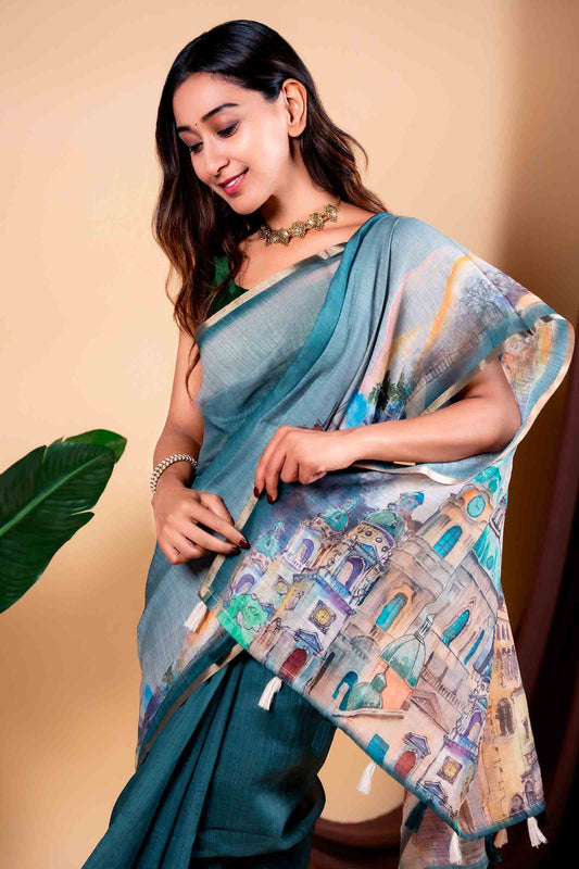 Light Green Semi Linen Park Town Print Saree NAA119