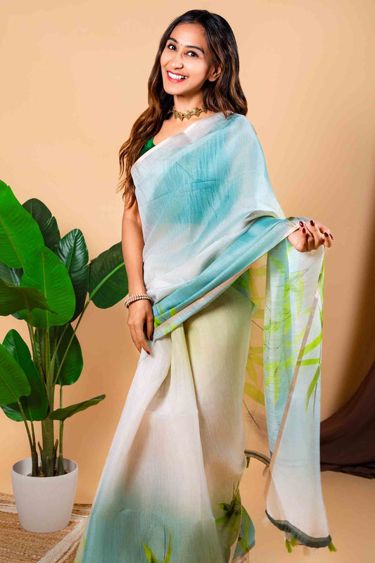 Light Green Semi Linen Bird Wonderland Border Digital Print Saree NAA120