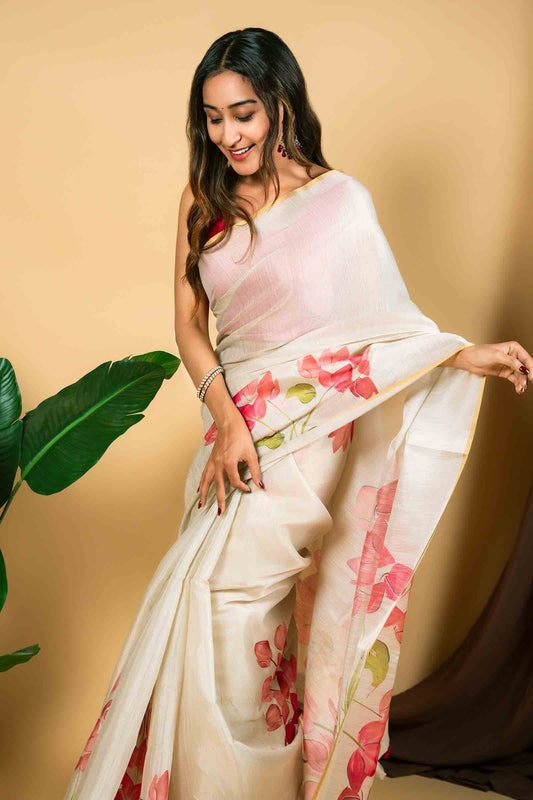 Off White Semi Linen Bouganvillea Digital Print Saree NAA121