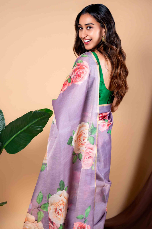 Light Voilet Semi Linen Jumbo Florals Silk Zari Border Digital Print Saree NAA122