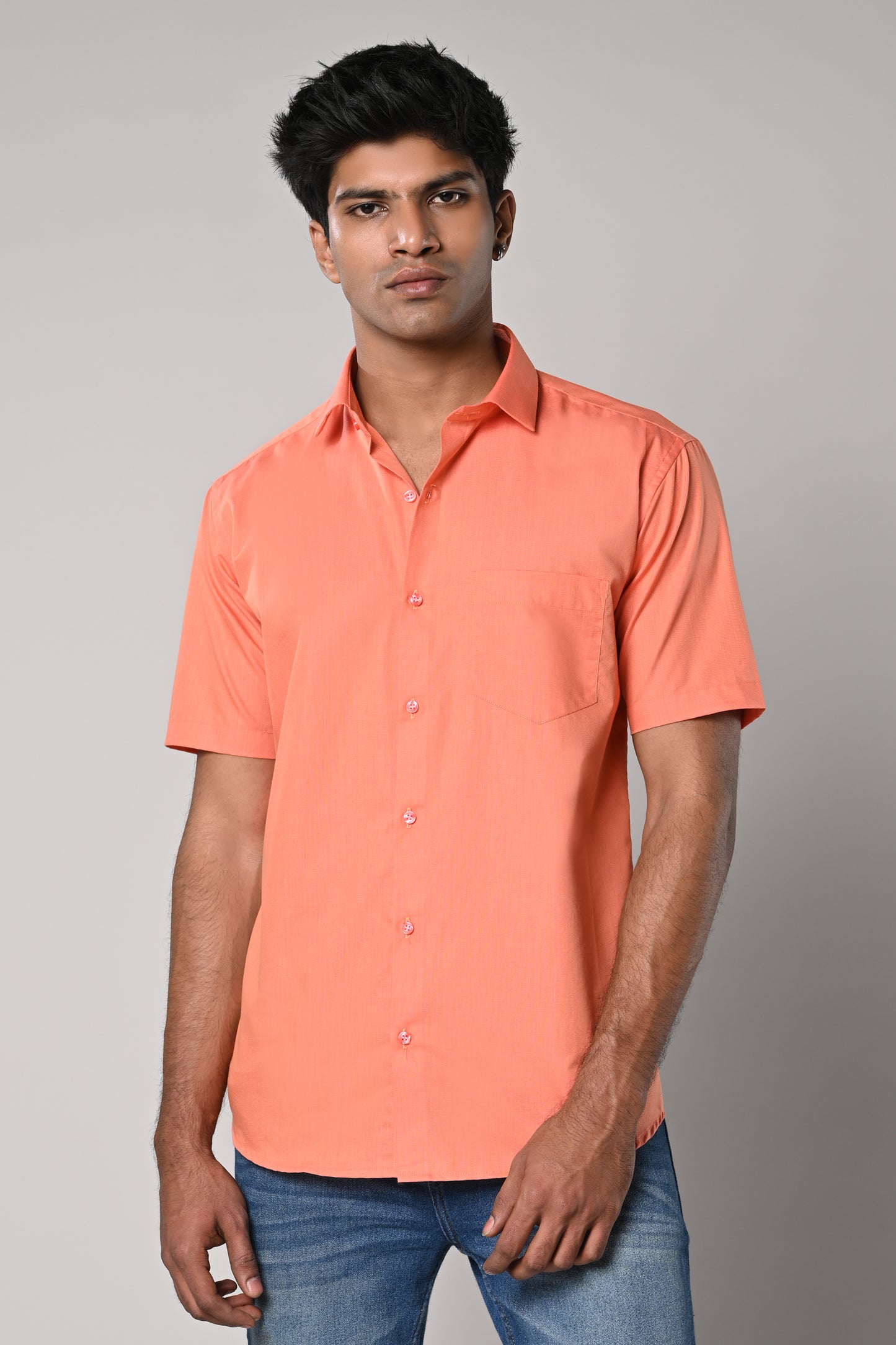 Orange Men’s solid plain half sleeve formal cotton shirt
