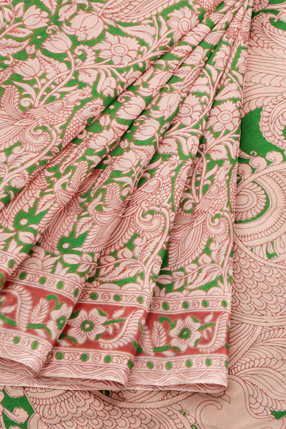 Green Kalamkari Pure Cotton Floral Print Peacock Pallu Saree