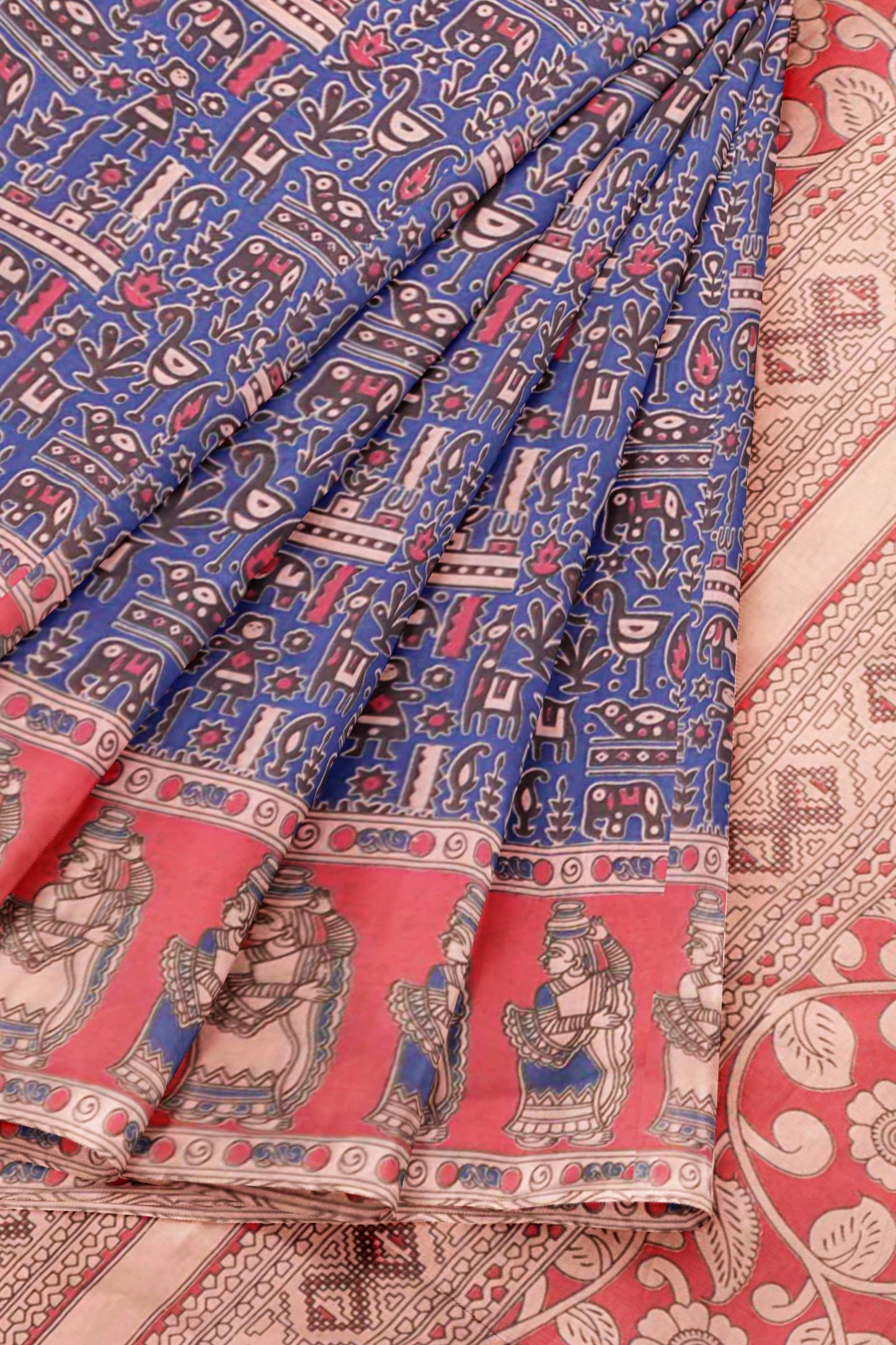 Blue Kalamkari Pure Cotton Fancy Stamp Print Floral Pallu Saree