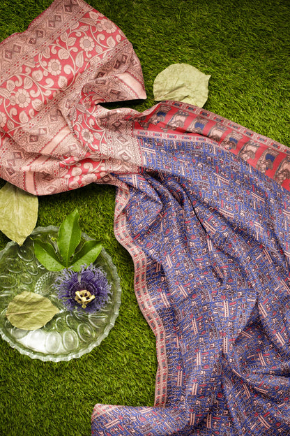 Blue Kalamkari Pure Cotton Fancy Stamp Print Floral Pallu Saree