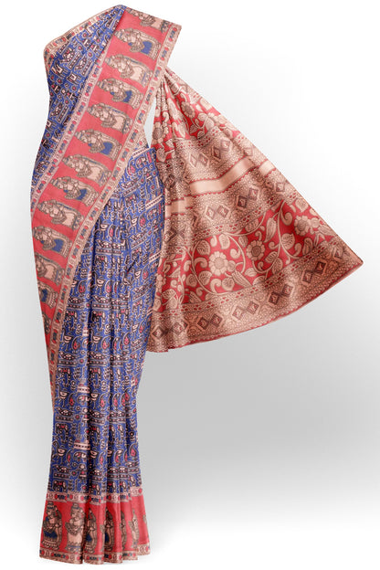 Blue Kalamkari Pure Cotton Fancy Stamp Print Floral Pallu Saree
