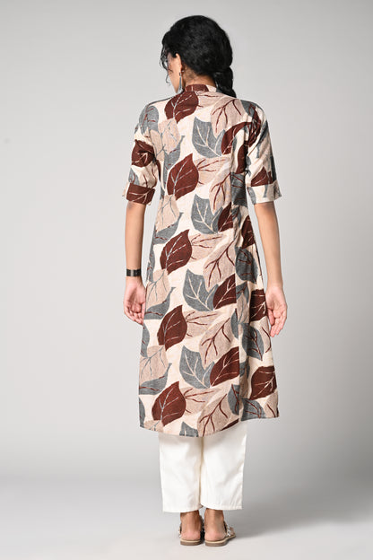 floral printed kurti ,
aline cut &amp; elbow sleeves,
close round neck.