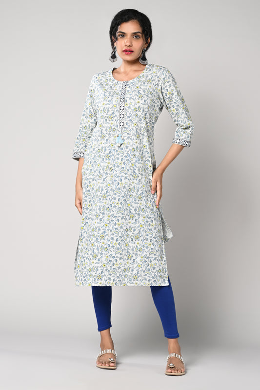 straight kurti,
floral prints all over the body,
round neck &amp; 3\4 sleeves,
pure jaipur cotton material.