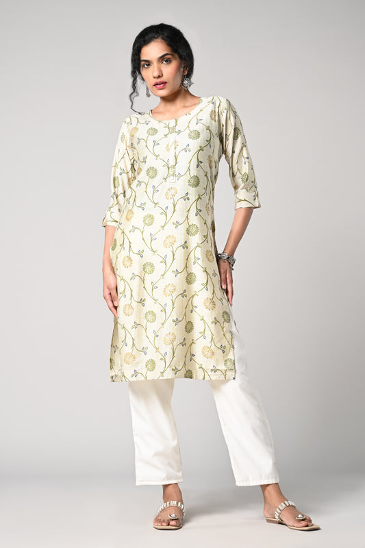 straight cut kurti,
floral prints all over the body,
round neck &amp; 3\4 sleeves,
cotton material