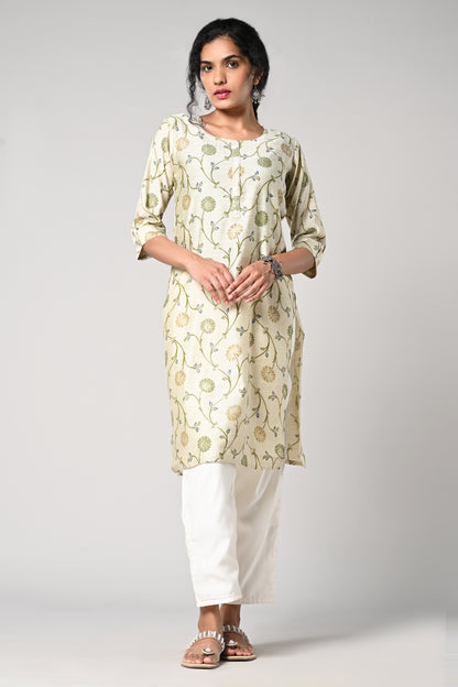 straight cut kurti,
floral prints all over the body,
round neck &amp; 3\4 sleeves,
cotton material