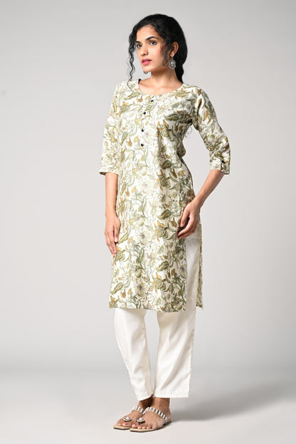 straight cut kurti,
floral prints all over the body,
round neck &amp; 3\4 sleeves,
cotton material