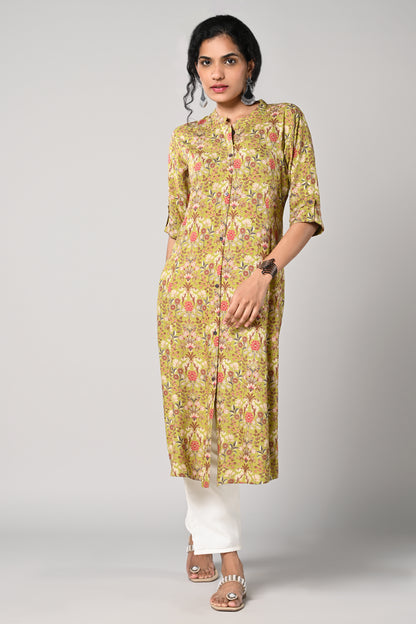 floral printed kurti ,
aline cut &amp; elbow sleeves,
close round neck.