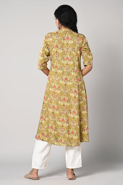 floral printed kurti ,
aline cut &amp; elbow sleeves,
close round neck.