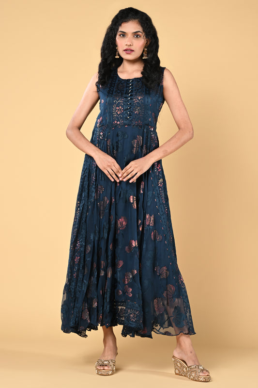 occasion wear peacock blue brasso gown with floral work and round neck