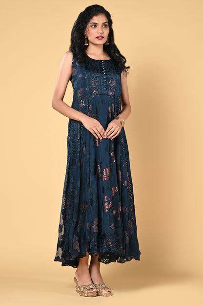 occasion wear peacock blue brasso gown with floral work and round neck