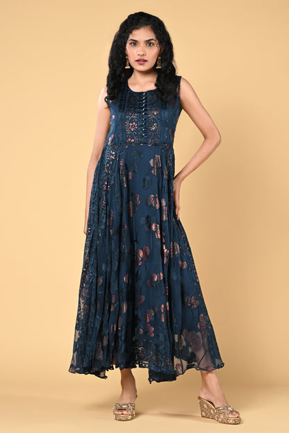 occasion wear peacock blue brasso gown with floral work and round neck