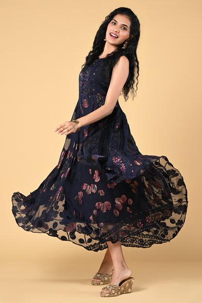 occasion wear navy blue brasso gown with floral work and round neck