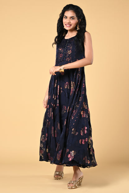 occasion wear navy blue brasso gown with floral work and round neck