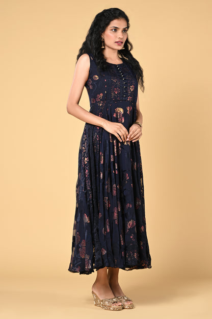 occasion wear navy blue brasso gown with floral work and round neck