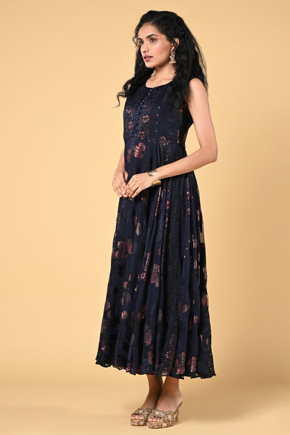 occasion wear navy blue brasso gown with floral work and round neck