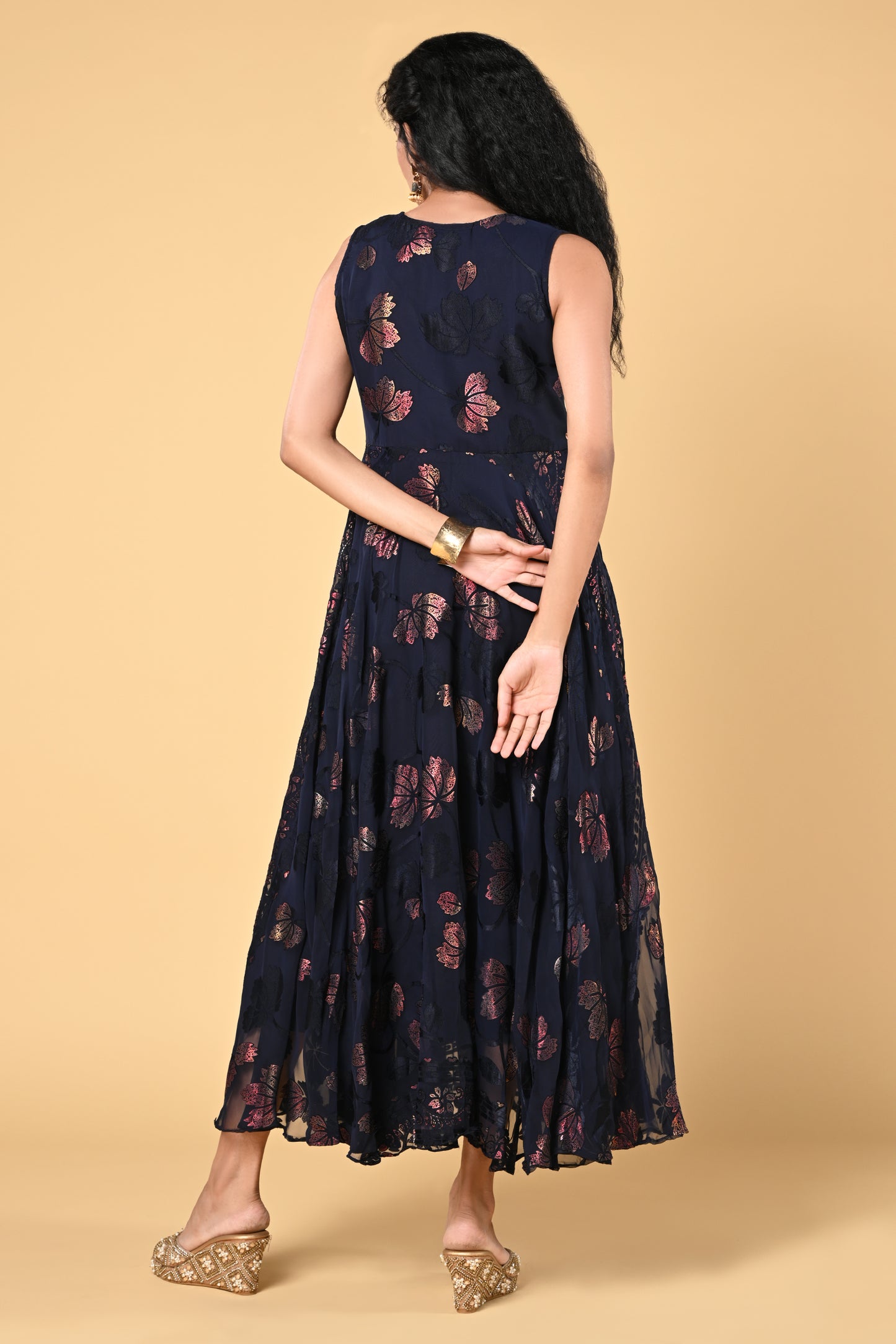 occasion wear navy blue brasso gown with floral work and round neck