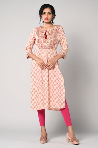 straight kurti,
floral prints all over the body,
round neck &amp; 3/4 sleeves,
pure jaipur cotton material.