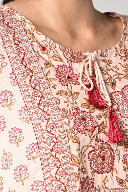 straight kurti,
floral prints all over the body,
round neck &amp; 3/4 sleeves,
pure jaipur cotton material.