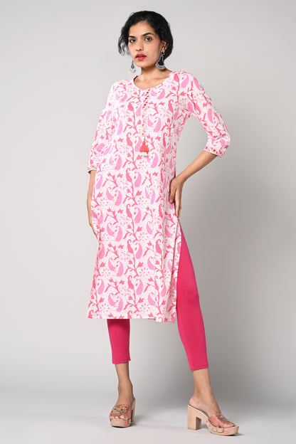 straight kurti,
floral prints all over the body,
round neck &amp; 3\4 sleeves,
pure jaipur cotton material.