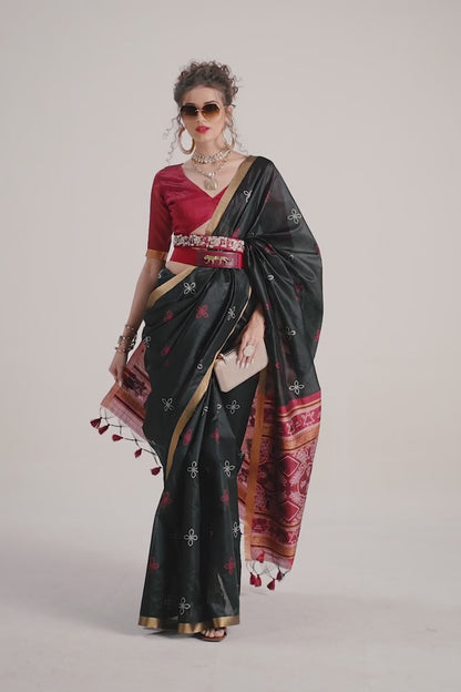 Black  Bandhej Silk Zari Border Saree