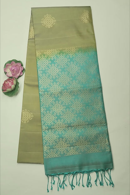 Olive Green Pure Soft Silk Kolam Butta Contrast Blue Border Kolam Pallu  Saree NAA198