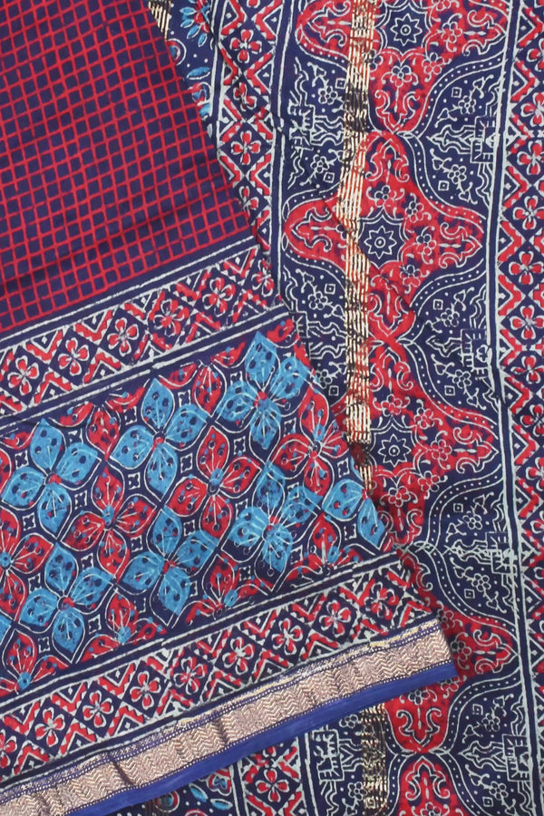Red and Blue Maheshwari Block Print Saree