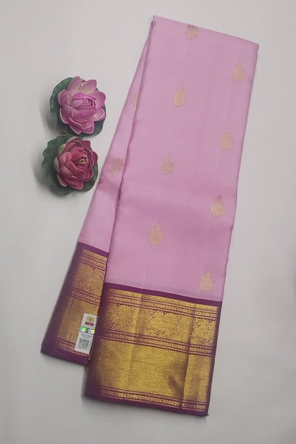 Pink Lightweight Pure Silk Peacock Butta Golden Violet Zari Peacock Border Pallu Saree NAA135