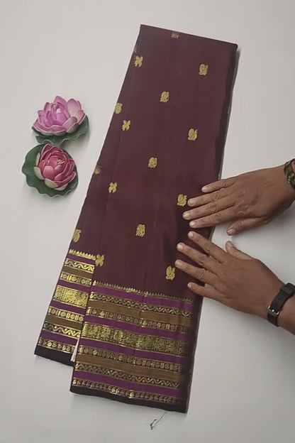 Dark Brown Light Weight Pure Silk Butta Golden Border Pallu Saree NAA109