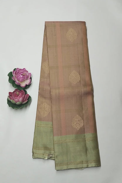 Light Copper Light Weight Pure Silk Fancy Butta Green Zari Border Pallu Saree NAA189