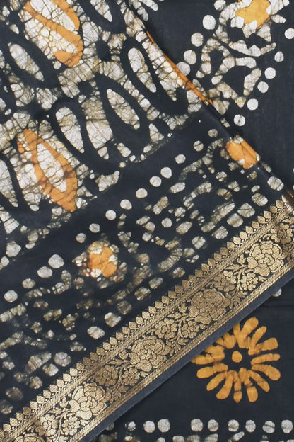 Black Yellow Cotton Silk Batik Saree