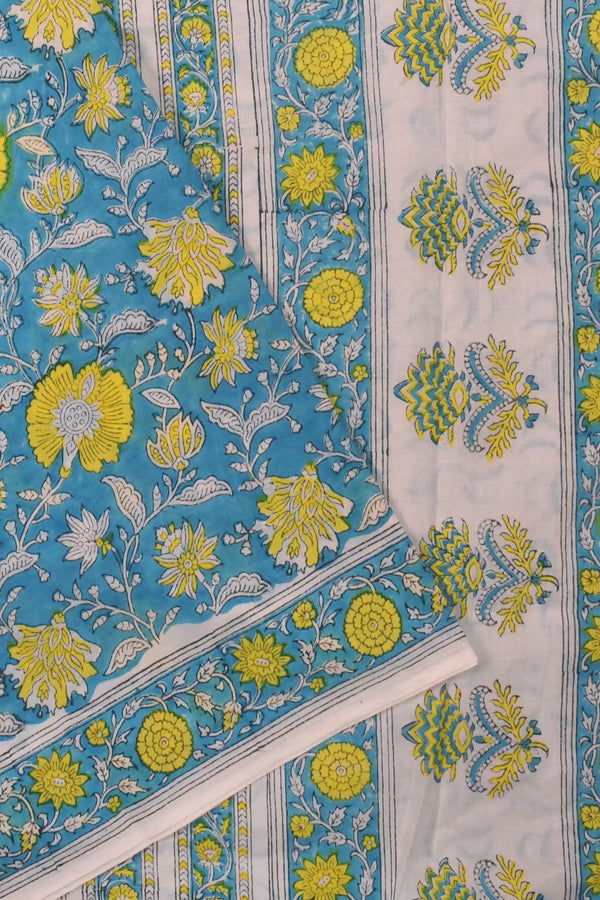 Blue Yellow Flower Jaipur Cotton Print Saree