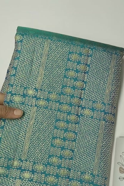 Golden Green Blue Kanchipuram Bridal Pure Silk Golden Zari Border Saree NAA117