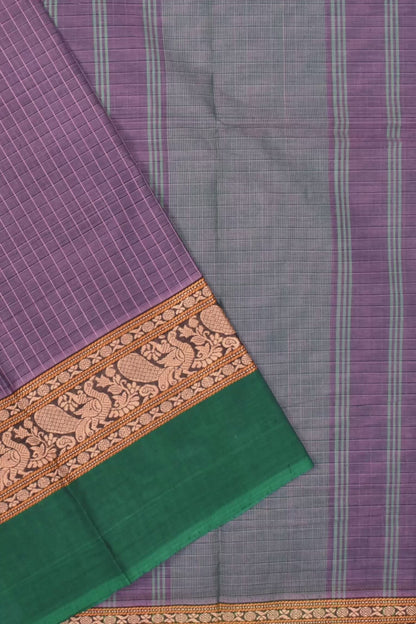 Light Violet Chettinad Pure Cotton Thread Peacock Body Checks Saree