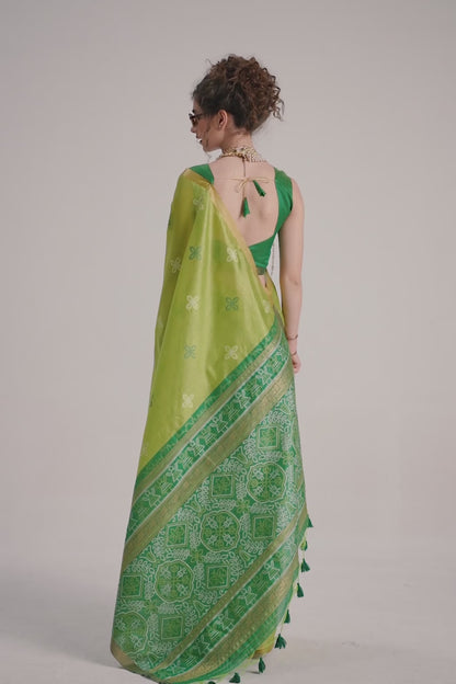 Green  Bandhej  Silk Zari Border Saree